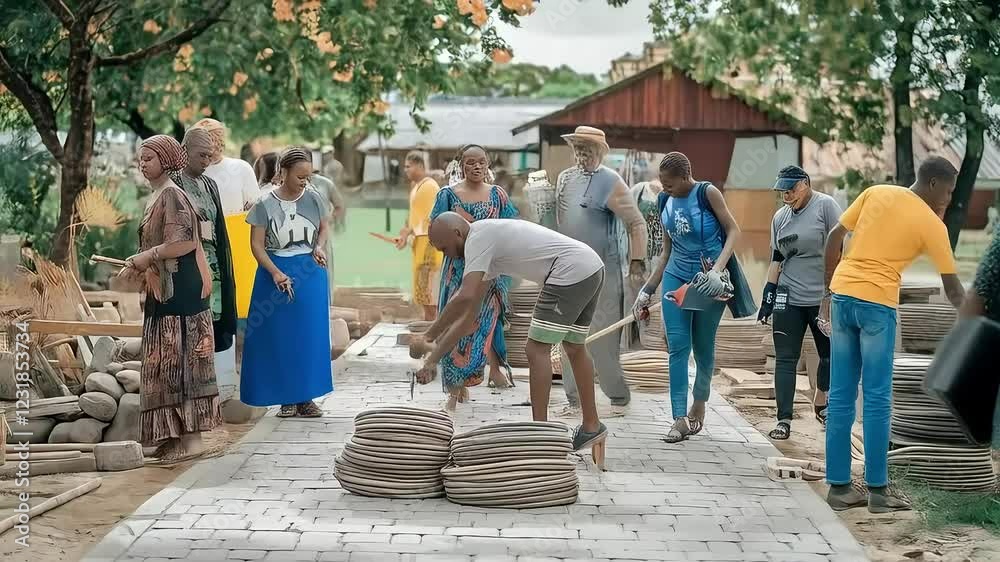 Group of African people making handcrafts outdoors, traditional pottery work, community and cultural experience Group of African people making handcrafts outdoors, traditional pottery work, community and cultural experience