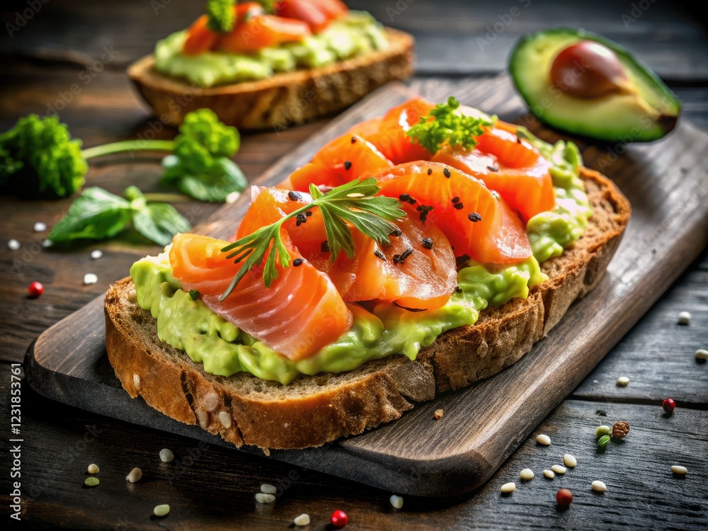 Crispy roasted box bread topped with creamy avocado and smoked salmon: a gourmet brunch or easy breakfast.