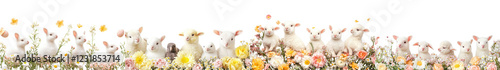 A group of adorable fluffy white rabbits hopping and standing together in a lush blooming spring meadow filled with daisies and other vibrant flowers photo