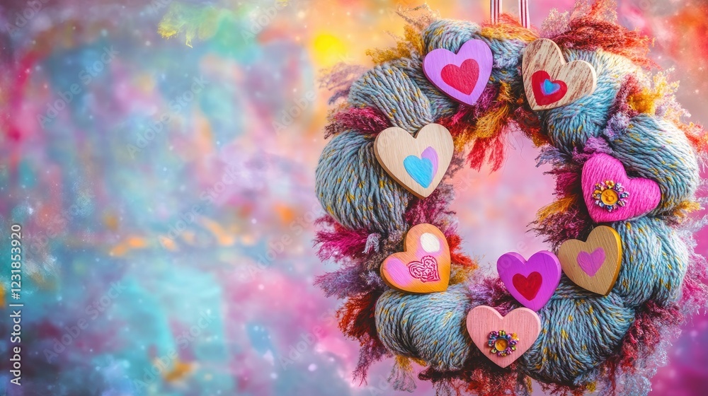 Fototapeta premium A whimsical Valentine's ornament wreath crafted from plush yarn and adorned with painted wooden hearts