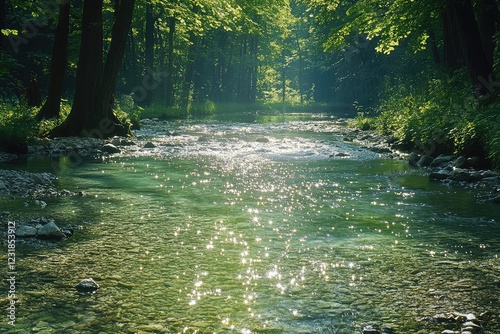 A serene forest glade with a clear stream flowing through it, the sunlight dancing on the water creating a sparkling effect.