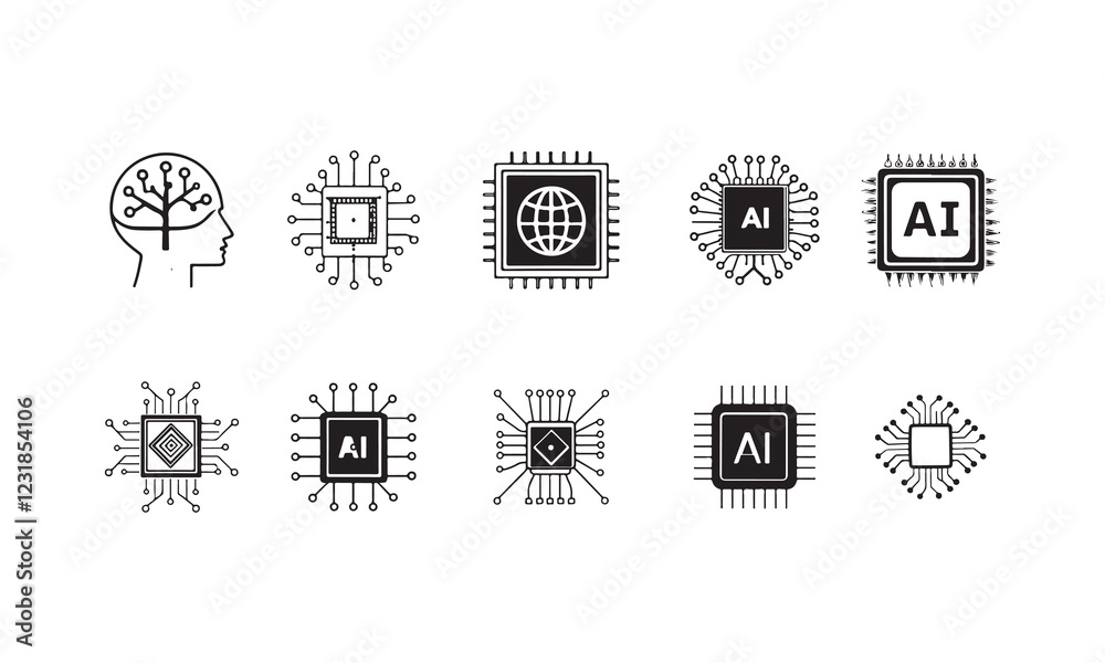 Fototapeta premium Artificial intelligence AI processor chip icon.AI Processor circuit vector set. Mini AI CPU icon collection vector on white background