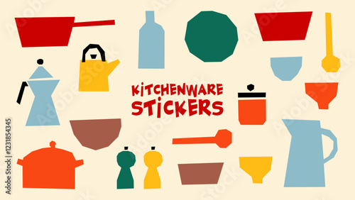 Kitchenware stickers in flat and naive style. Crockery, cutlery, kitchen equipment for cooking. Bright set of cooking elements. Pan, spoon, fork, frying pan. Vector set
