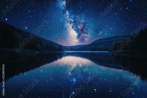 A serene lake with its surface reflecting a galaxy of stars, creating a cosmic mirror under a dark sky.