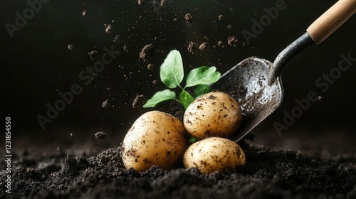 Potatoes growing in soil with gardening shovel photo