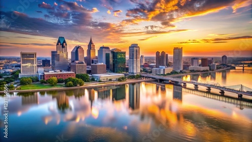 Aerial view of downtown Louisville on the Ohio River at sunset with the city skyline reflected in the river , louisville, urban landscape