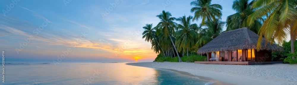 Obraz premium Relaxing sunset retreat tropical island beach scenic landscape tranquil environment serene viewpoint vacation concept