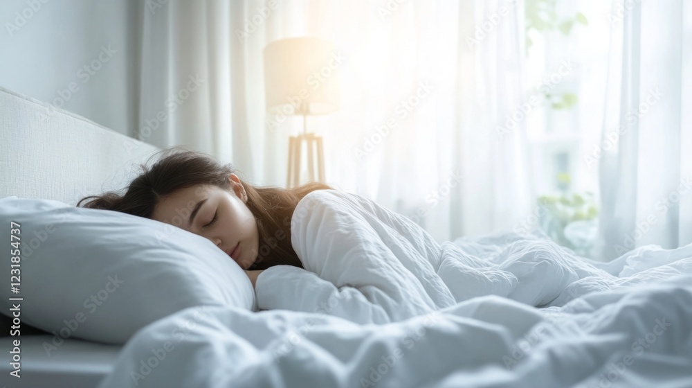 Person sleeping peacefully in bed, surrounded by soft pillows and a cozy blanket. Tranquility and restful sleep as a symbol of rejuvenation and mental well-being. Person sleeping peacefully in bed, surrounded by soft pillows and a cozy blanket. Tranquility and restful sleep as a symbol of rejuvenation and mental well-being.