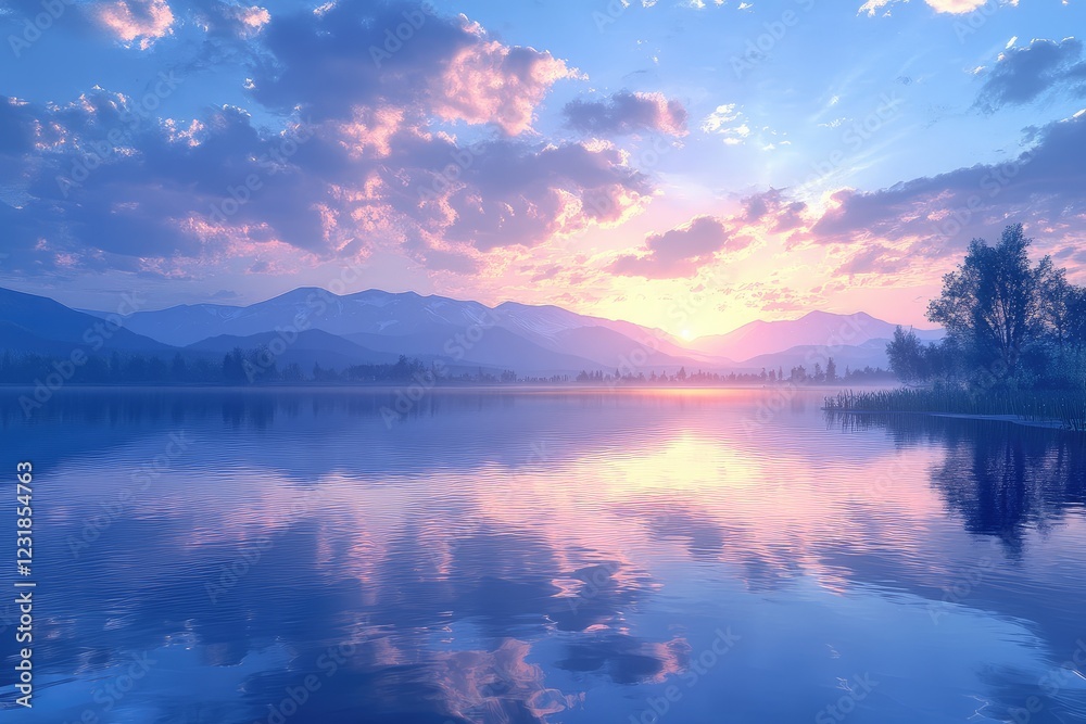 A serene lake with its surface reflecting a digital sky, creating a tranquil, virtual mirror. A serene lake with its surface reflecting a digital sky, creating a tranquil, virtual mirror.