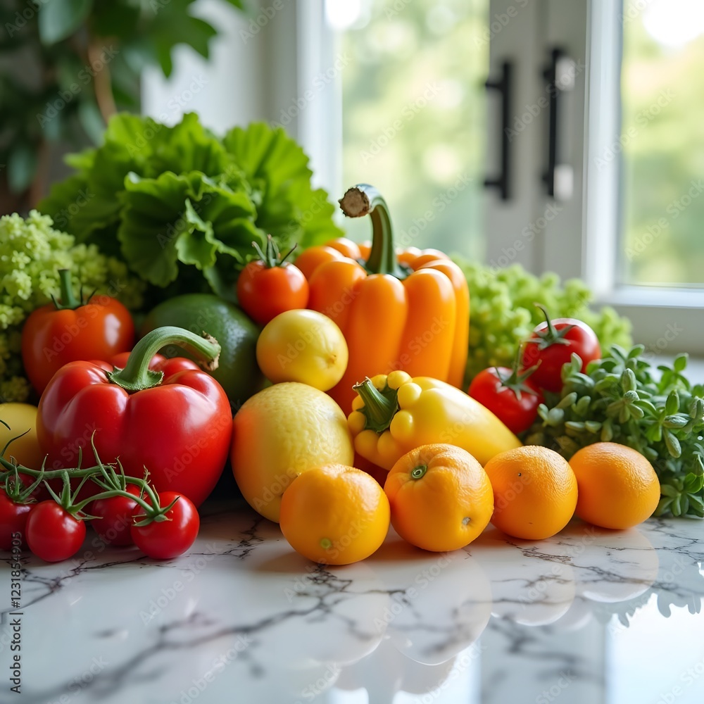 Exquisite Display Fresh and Vibrant Fruits and Vegetables on Marble Exquisite Display Fresh and Vibrant Fruits and Vegetables on Marble