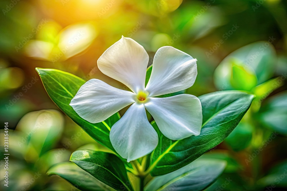 Obraz premium Delicate white periwinkle, a May bloom, macro lens captures its intricate details, soft bokeh background.