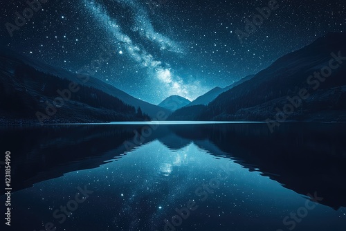 A serene lake with its surface reflecting a galaxy of stars, creating a cosmic mirror under a dark sky.