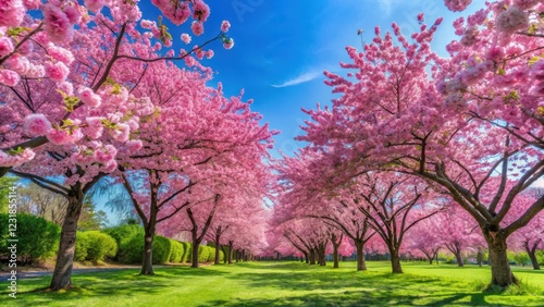 Vibrant pink cherry blossoms against a soft blue sky with lush greenery and tall trees in full bloom during spring, flora, cherry blossom garden