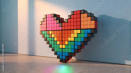 This image features a 3D rendered heart shape constructed from colorful pixels, resembling an 8-bit or 16-bit pixel art style. 