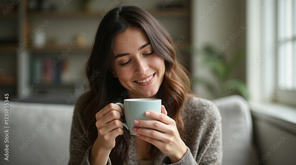 close up portrait of a smiling young Caucasian woman enjoying the aroma of fresh coffee at home while relaxing and enjoying the day close up portrait of a smiling young Caucasian woman enjoying the aroma of fresh coffee at home while relaxing and enjoying the day