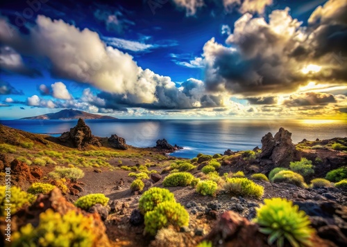 Dramatic Canary Islands cloudscape; miniature tilt-shift photography captures breathtaking aerial island views. photo