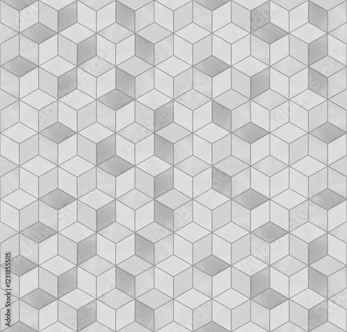 Fototapeta Naklejka Na Ścianę i Meble -  Tile gray white seamless pattern of cubes, hexagon for wall or floor for interior design and architecture.
