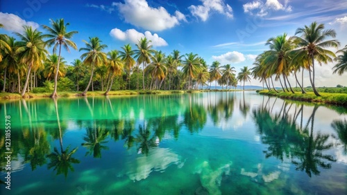 Serene lagoon landscape with palm trees and turquoise waters at the Lagos coast, reflecting vibrant hues of blue and green , water reflections, serene landscapes