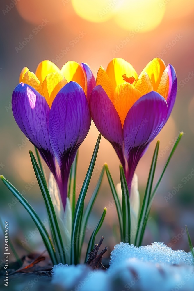 Fototapeta premium Spring s First Bloom Vibrant Crocuses Emerge from Melting Snow in Golden Hour Sunlight