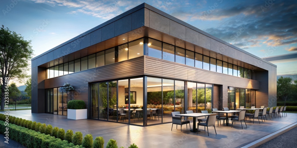 Obraz premium Exterior modern restaurant building with sleek lines and minimalist architecture, restaurant building, clean lines
