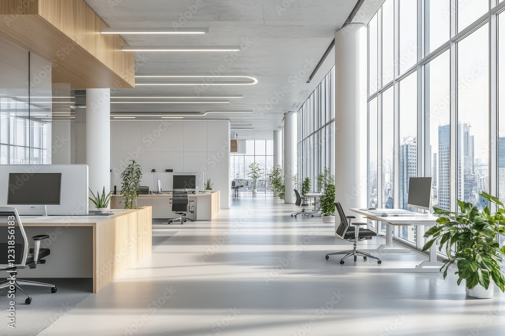 Fototapeta premium Modern open plan office with wood desks, white walls, large windows, city view, and plants.
