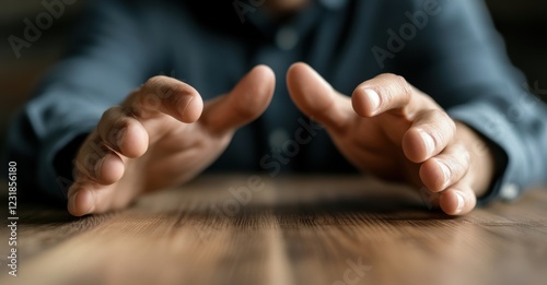 A close-up of two outstretched hands hovering above a wooden surface, suggesting an invitation or connection.