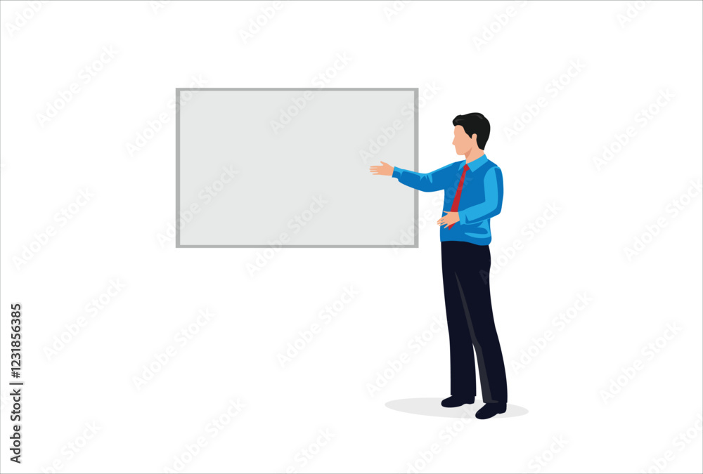 Business illustration of a businessman giving a presentation on white board Business illustration of a businessman giving a presentation on white board