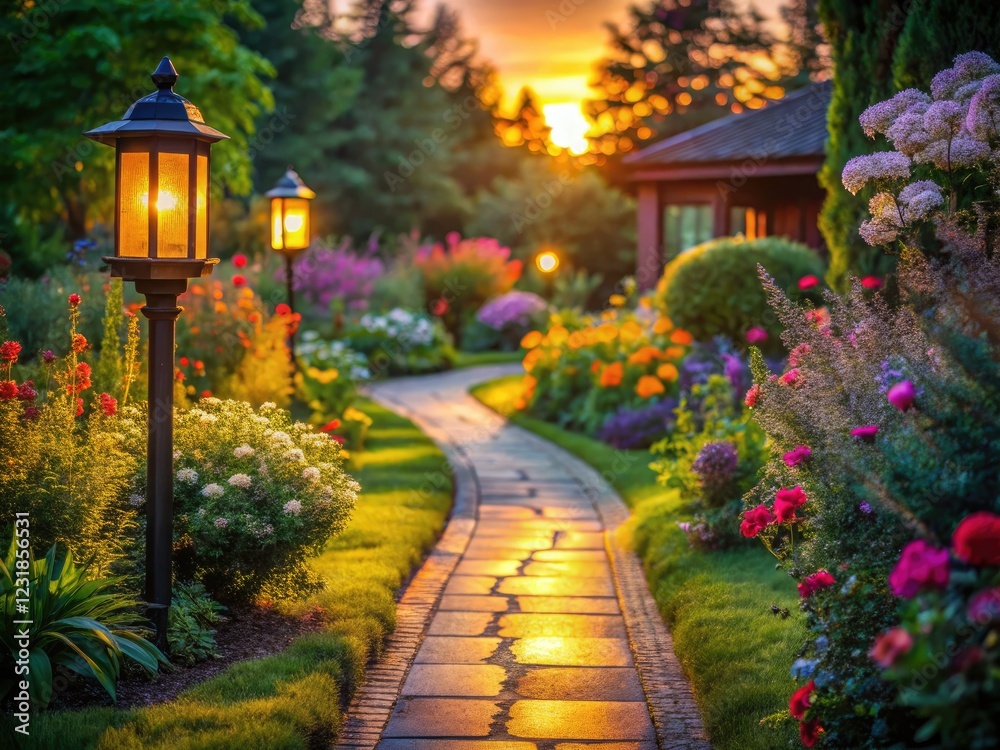 Fototapeta premium Dusk settles on a minimalist suburban garden; lanterns illuminate a flower-lined path.