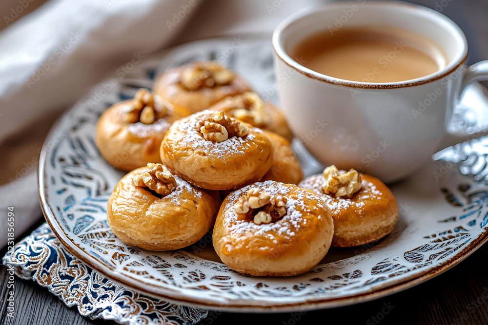 Delicious Bosnian syrup soaked cookie with walnuts and coffee on ornate plate Delicious Bosnian syrup soaked cookie with walnuts and coffee on ornate plate