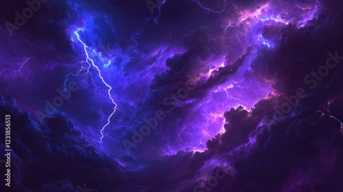 Dramatic purple and blue lightning storm cloudscape.