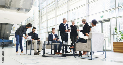 Collaboration, development and meeting with business people in lobby of office for planning or strategy, Coaching, management and training with employee team in discussion of company workplace