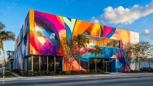 Colorful building mural, urban street scene, sunny day, architectural design, stock photo