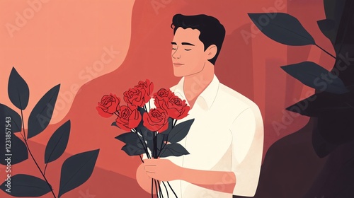 Romantic Man Holding Red Roses for Woman Flat Vector Illustration