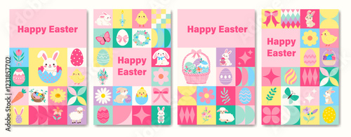 A set of four Easter cards with a variety of Easter-themed images. The cards are colorful and feature a mix of animals and flowers. The cards are designed to convey a sense of joy