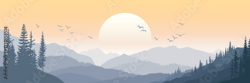 Mountain landscape, morning light and sun, vector illustration, panoramic view