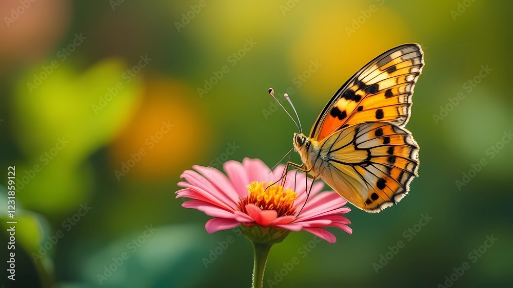 An Orange Butterfly Gracefully Lands on a Radiant Pink Flower, With a Soft, Blurred Background Enhancing the Scene An Orange Butterfly Gracefully Lands on a Radiant Pink Flower, With a Soft, Blurred Background Enhancing the Scene