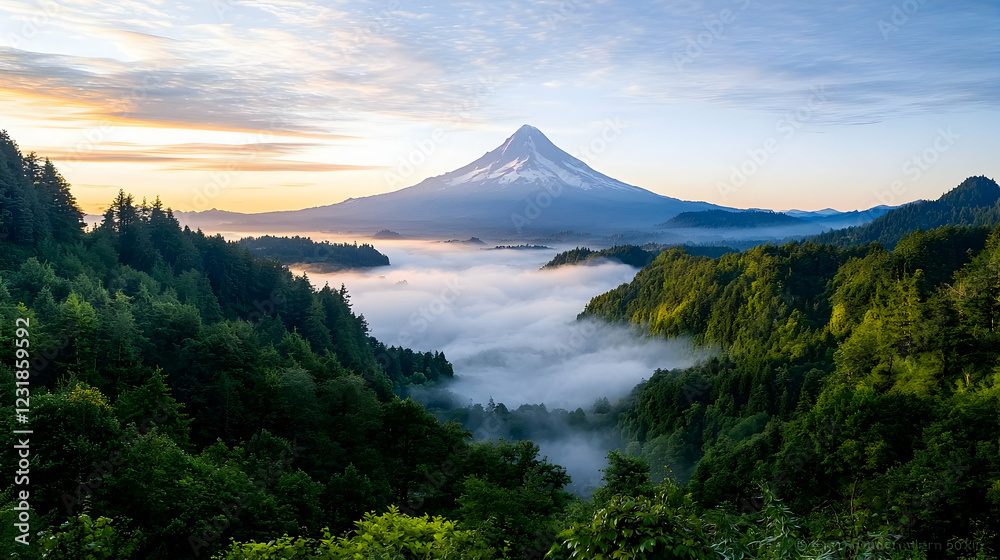 Majestic mountain sunrise, misty valley, lush forest. Travel brochure Majestic mountain sunrise, misty valley, lush forest. Travel brochure
