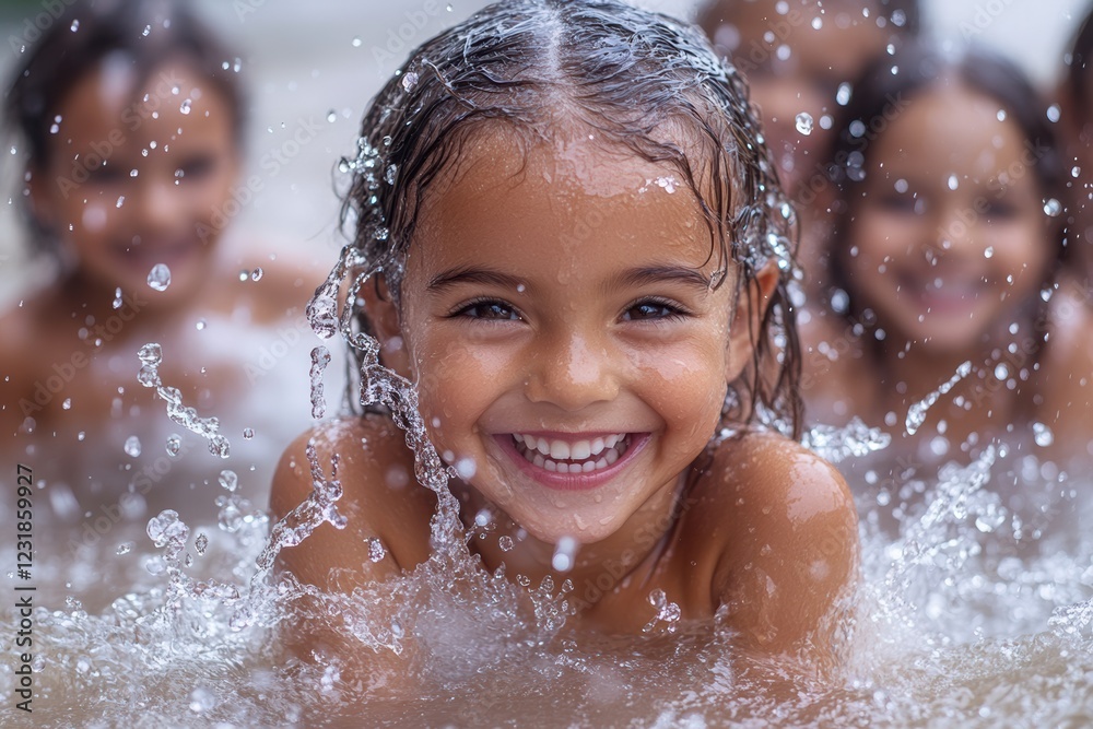 A joyful child splashes water while surrounded by friends, capturing the essence of happiness and carefree playtime in a summer setting. A joyful child splashes water while surrounded by friends, capturing the essence of happiness and carefree playtime in a summer setting.