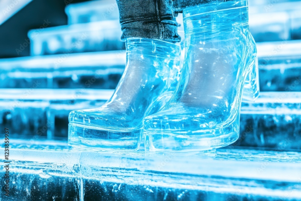 Transparent boots walking on bright ice staircase Transparent boots walking on bright ice staircase