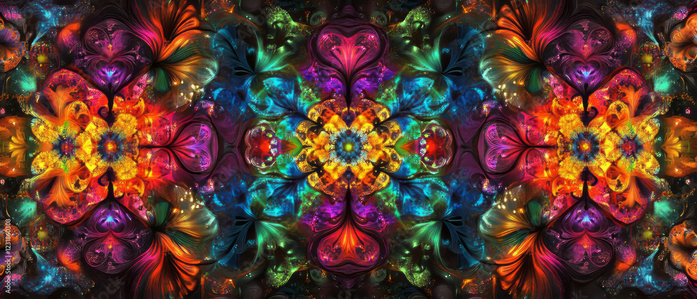 Fototapeta premium Fractal glass texture displaying vibrant colors and intricate designs on black background