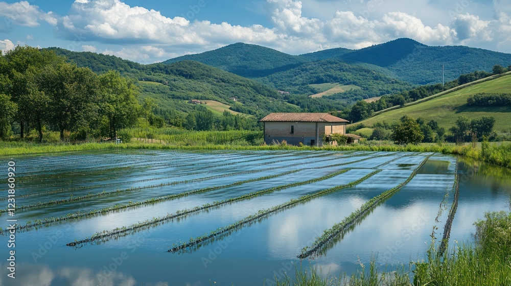 Fototapeta premium Rice paddy irrigation, rural house, hills, sunny day, Italy