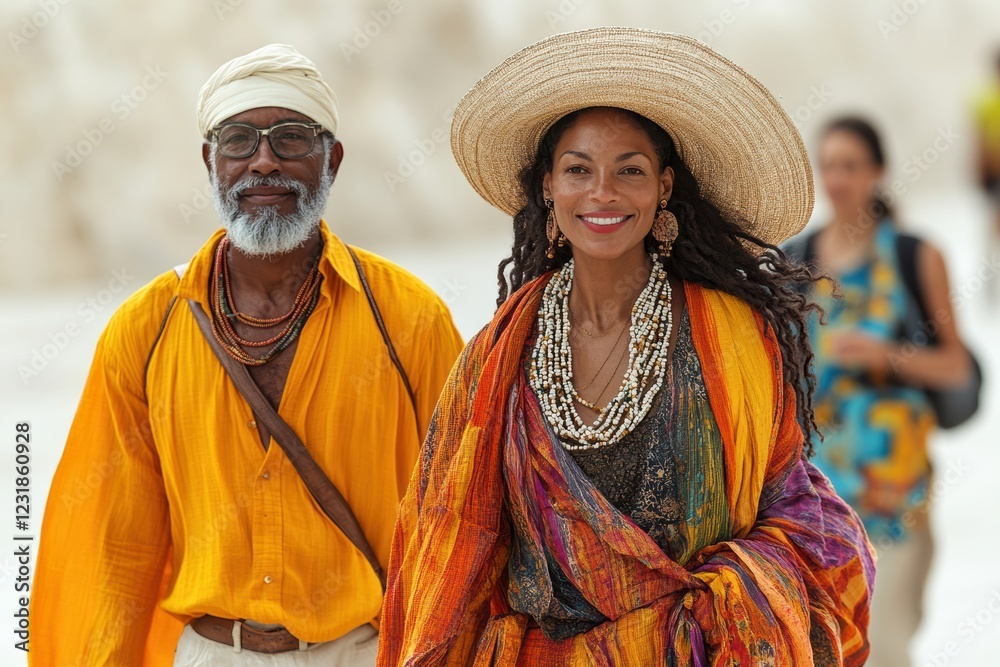 Fototapeta premium A joyful couple dressed in vibrant clothing strolls together, showcasing an outdoor lifestyle filled with happiness and cultural expression.