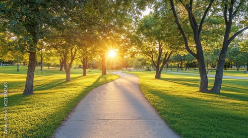 A winding path through a park bathed in the golden glow of the setting sun creating long shadows