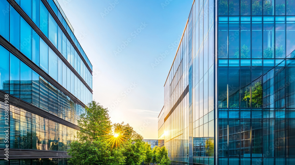 Fototapeta premium Set of futuristic eco buildings isolated on blue background. Vector contemporary cartoon illustration modern glass houses with green trees on roof. Smart sustainable city architecture design elements