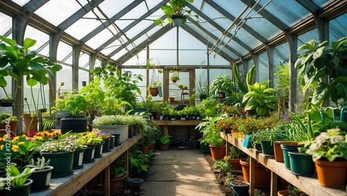 Vibrant Greenhouse Filled with Diverse Plants and Flowers