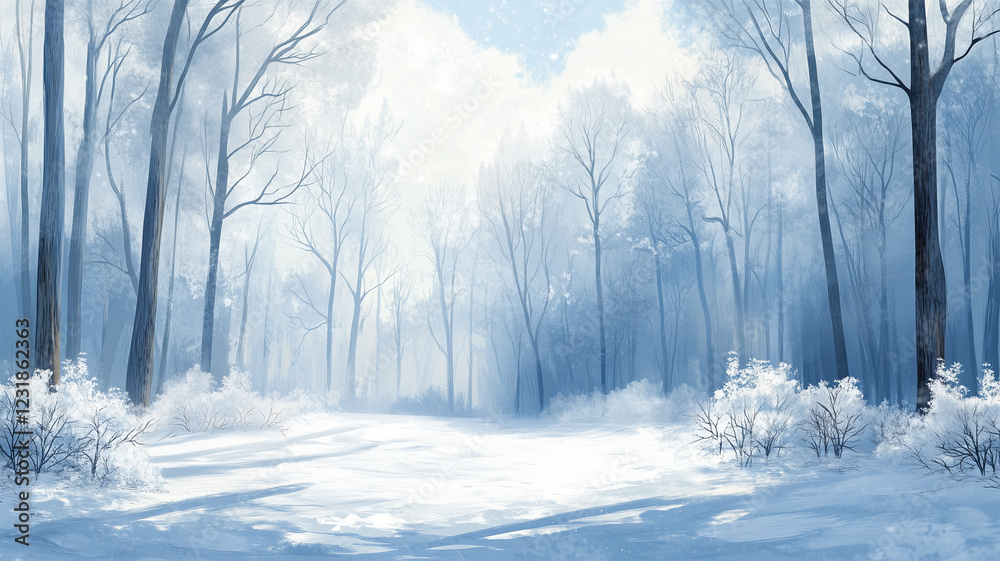 Obraz premium 朝陽に照らされた雪に覆われた冬の森