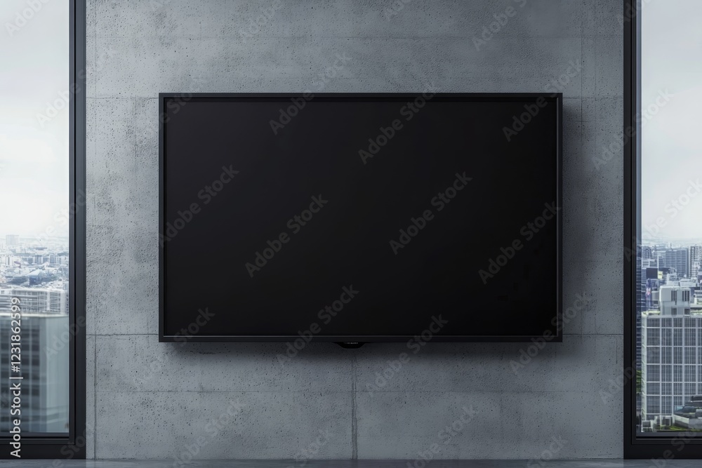 Modern flat-screen TV mounted on a concrete wall in a contemporary room with city view.