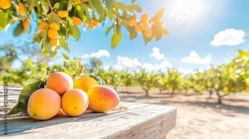 fresh mangoes on wooden table with a mango tree farm in sunlight