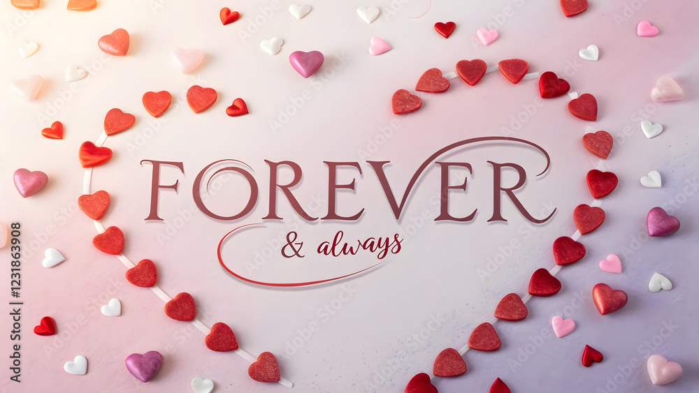 This image is a flat lay composition featuring a heart shape formed by small red and pink heart decorations scattered on a light-colored background. This image is a flat lay composition featuring a heart shape formed by small red and pink heart decorations scattered on a light-colored background.