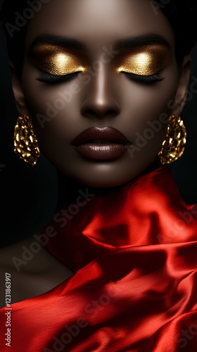 Mystical Woman in Gold and Red Silk: Luxury Fashion Art